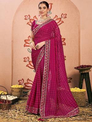 Pink bandhani printed embroidered  chiffon bandhani saree 1
