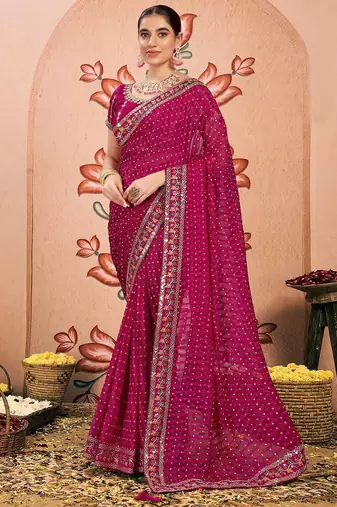 Pink bandhani printed embroidered  chiffon bandhani saree