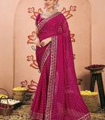 Pink bandhani printed embroidered  chiffon bandhani saree