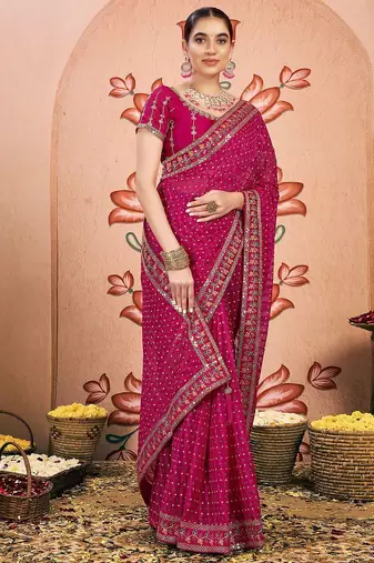 Pink bandhani printed embroidered  chiffon bandhani saree
