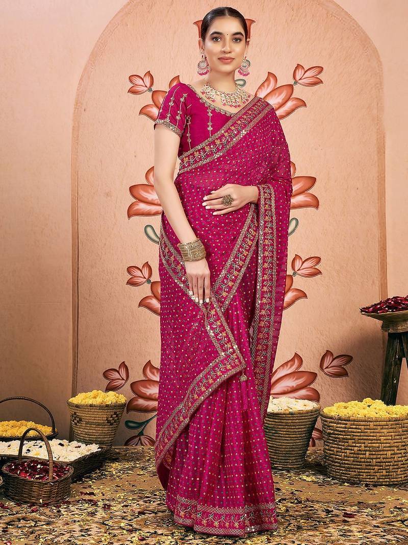 Pink bandhani printed embroidered  chiffon bandhani saree