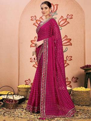 Pink bandhani printed embroidered  chiffon bandhani saree 3