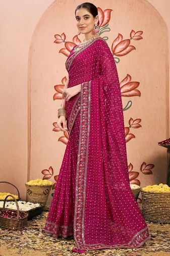 Pink bandhani printed embroidered  chiffon bandhani saree