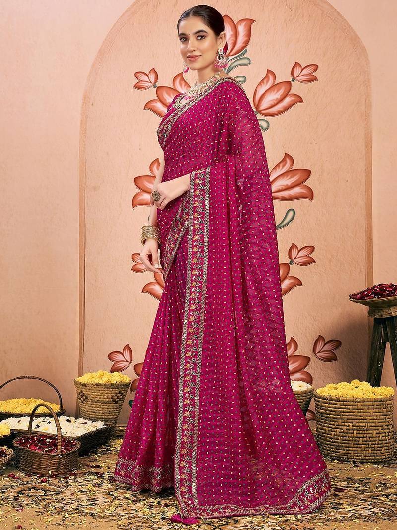Pink bandhani printed embroidered  chiffon bandhani saree