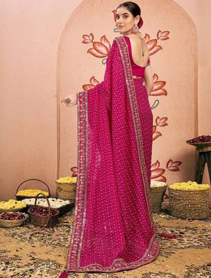 Pink bandhani printed embroidered  chiffon bandhani saree 4