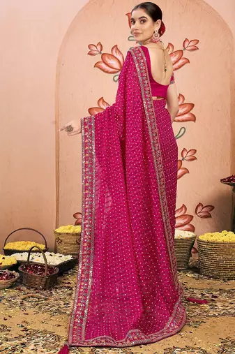 Pink bandhani printed embroidered  chiffon bandhani saree