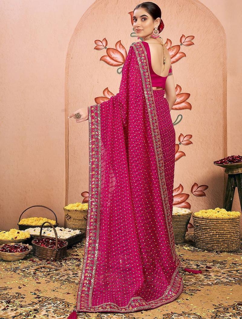 Pink bandhani printed embroidered  chiffon bandhani saree