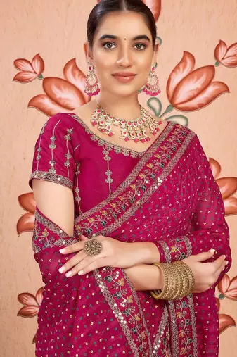 Pink bandhani printed embroidered  chiffon bandhani saree