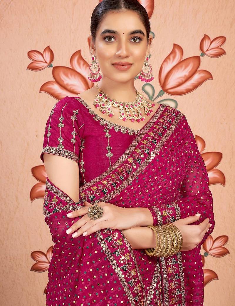 Pink bandhani printed embroidered  chiffon bandhani saree