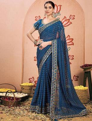 Blue embroidered  chiffon bandhani saree 1