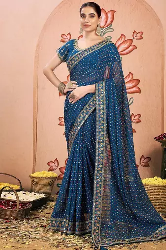 Blue embroidered  chiffon bandhani saree
