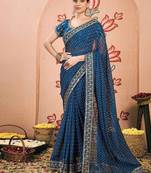 Blue embroidered  chiffon bandhani saree