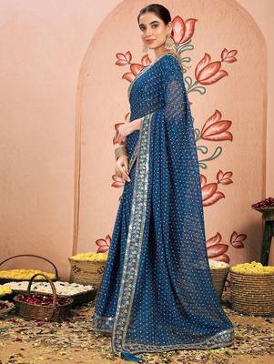 Blue embroidered  chiffon bandhani saree 2
