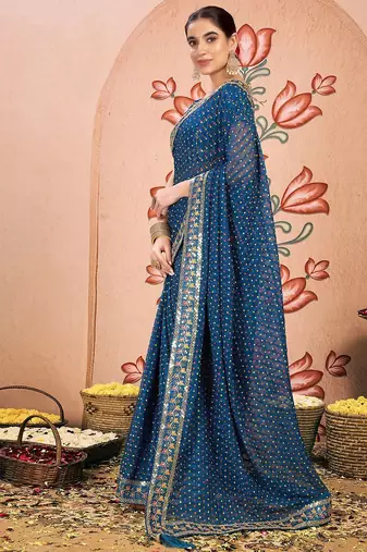 Blue embroidered  chiffon bandhani saree