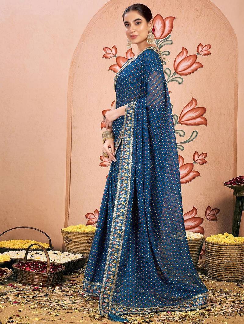 Blue embroidered  chiffon bandhani saree