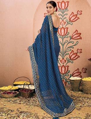 Blue embroidered  chiffon bandhani saree 3