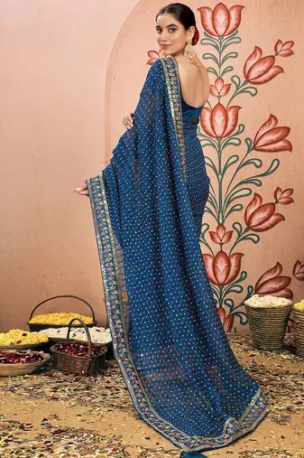 Blue embroidered  chiffon bandhani saree
