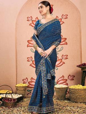 Blue embroidered  chiffon bandhani saree 4