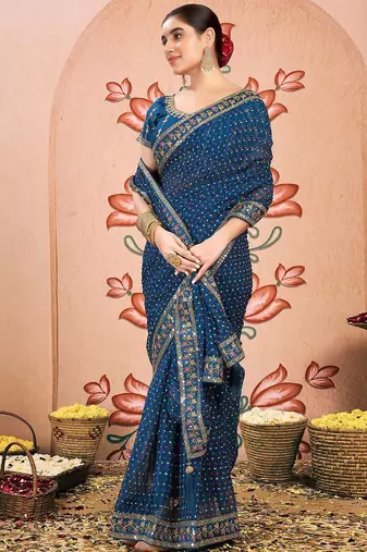 Blue embroidered  chiffon bandhani saree