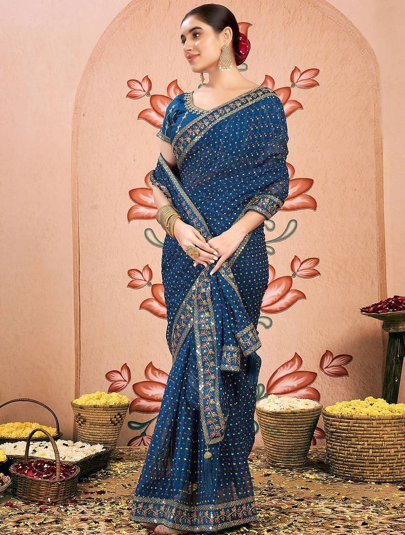 Blue embroidered  chiffon bandhani saree