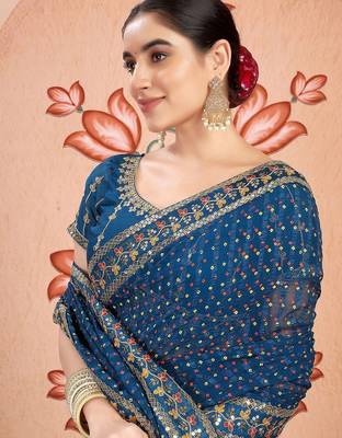 Blue embroidered  chiffon bandhani saree 5