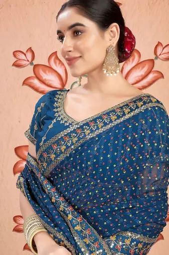 Blue embroidered  chiffon bandhani saree