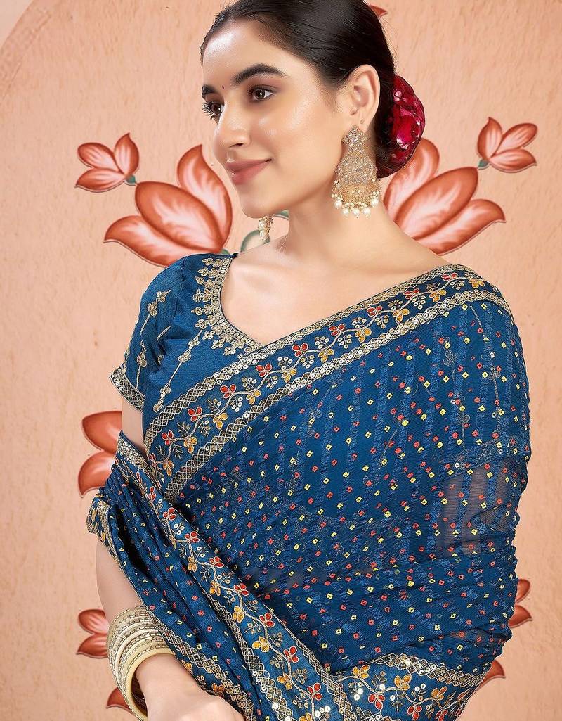 Blue embroidered  chiffon bandhani saree