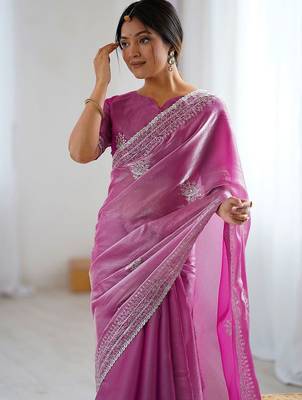 Pink embellished embroidered tissue saree 1