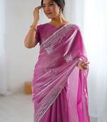 Pink embellished embroidered tissue saree