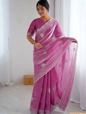 Pink embellished embroidered tissue saree 2