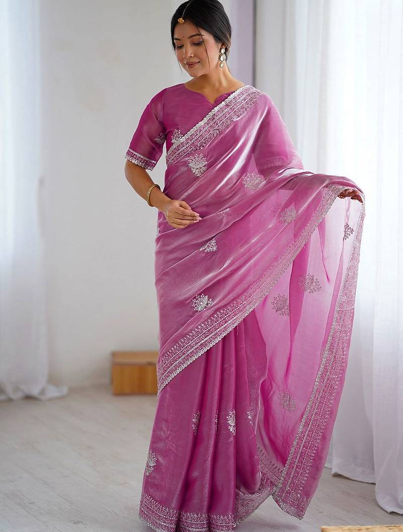 Pink embellished embroidered tissue saree