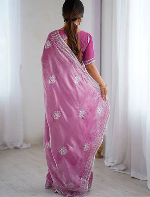 Pink embellished embroidered tissue saree 3