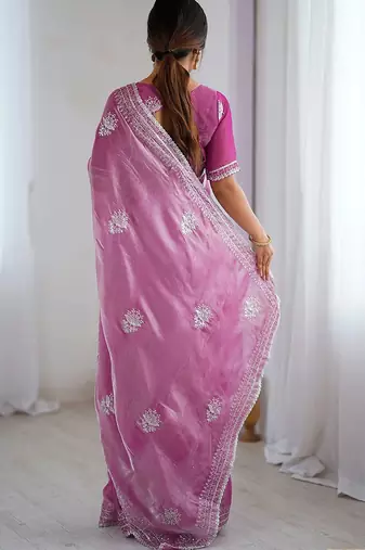 Pink embellished embroidered tissue saree