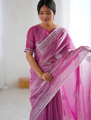 Pink embellished embroidered tissue saree 4