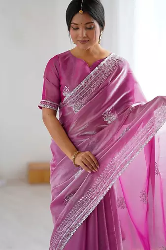 Pink embellished embroidered tissue saree