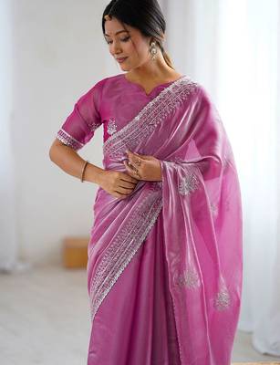 Pink embellished embroidered tissue saree 5