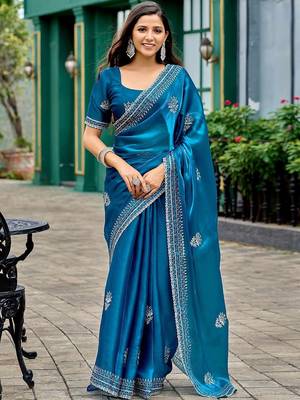 Blue ethnic motifs embroidered saree 1