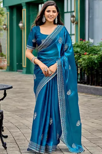 Blue ethnic motifs embroidered saree