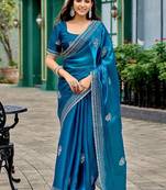 Blue ethnic motifs embroidered saree