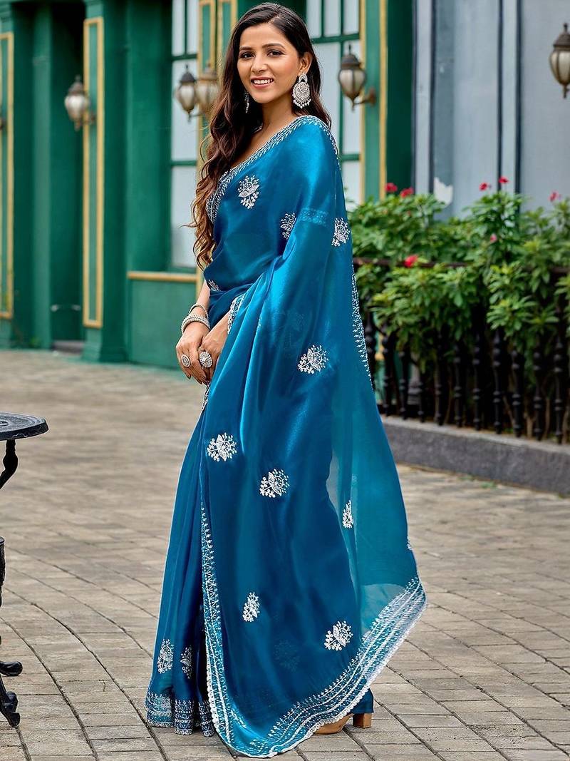 Blue ethnic motifs embroidered saree