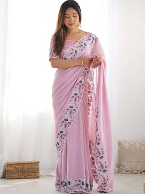 Pink embroidered silk blend saree 1