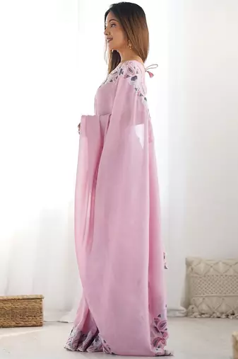 Pink embroidered silk blend saree