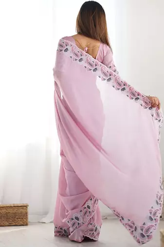 Pink embroidered silk blend saree