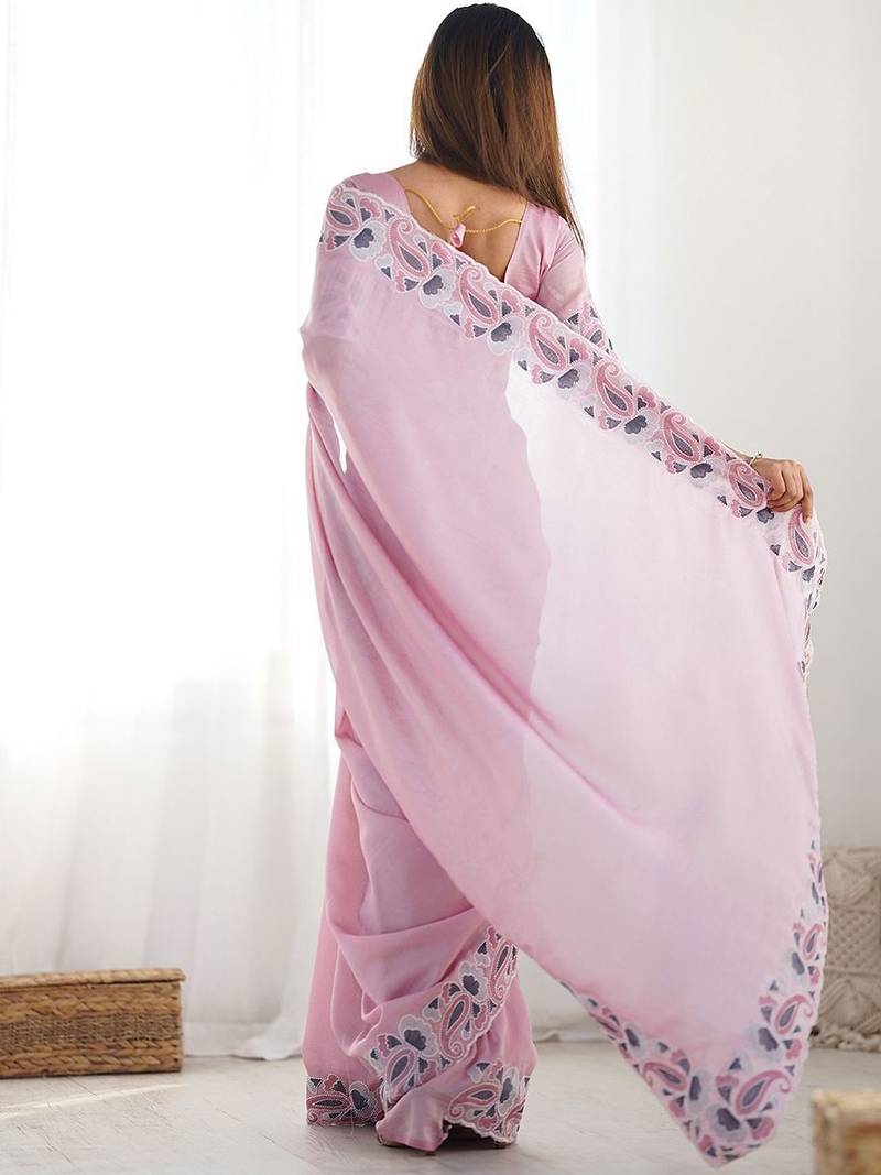 Pink embroidered silk blend saree