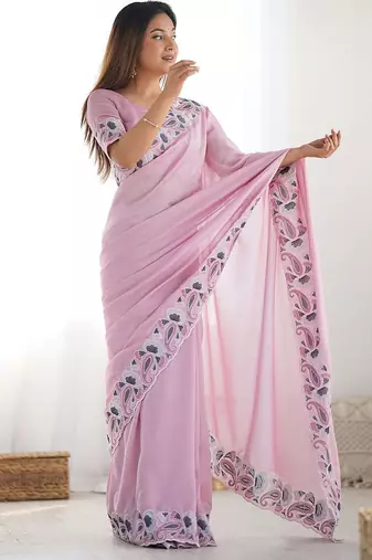 Pink embroidered silk blend saree