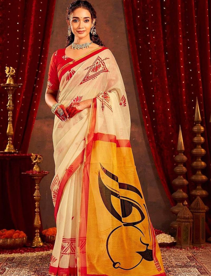 Off white ethnic motifs zari  linen fusion saree