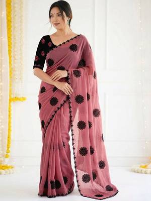 Pink floral poly georgette saree 1