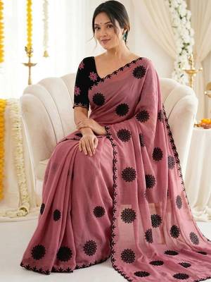 Pink floral poly georgette saree 2