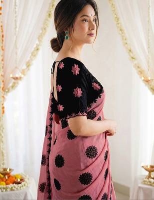 Pink floral poly georgette saree 4