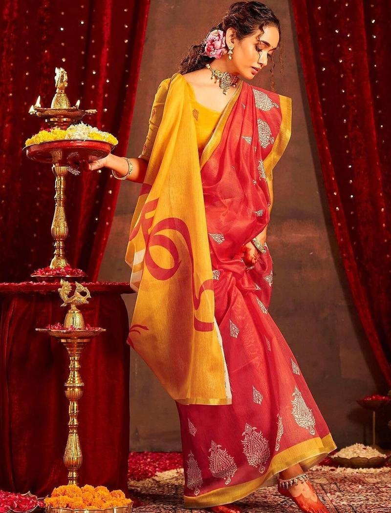 Red ethnic motifs zari  linen fusion saree